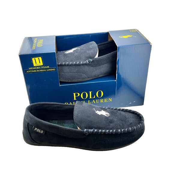 NIB POLO RALPH LAUREN Men's Sz 11 Moccasin Slippers Declan White Pony Blue Suede - Picture 1 of 7